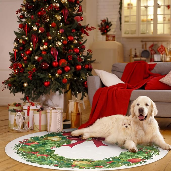 6' Machine Washable Christmas Round Area Rug, Non-Slip Vintage Floral Circle Floor Rugs for Kids, Low Pile Room Carpet for Living Room, Bedroom, Dining Room & Nursery(6' Christmas Wreath)