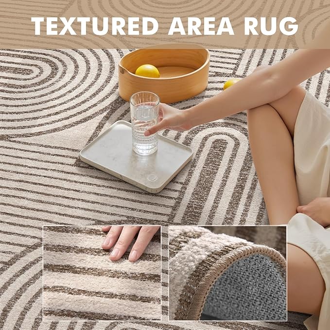 Modern 5x7 Area Rugs Textured Tufted Rugs for Living Room Bedroom Rug-Carpet Taupe Brown Washable Neutral Geometric Moroccan Boho Rug