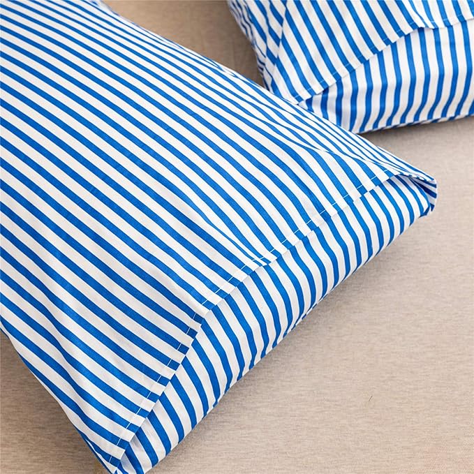JELLYMONI 100% Natural Cotton 3pcs Striped Duvet Cover Sets,White Duvet Cover with Blue Stripes Pattern Printed Comforter Cover,with Zipper Closure & Corner Ties(Queen Size)