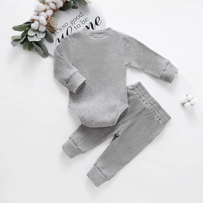 Newborn Baby Boy Girl Clothes Ribbed Knitted Cotton Long Sleeve Romper Long Pants Solid Color Fall Winter Outfits