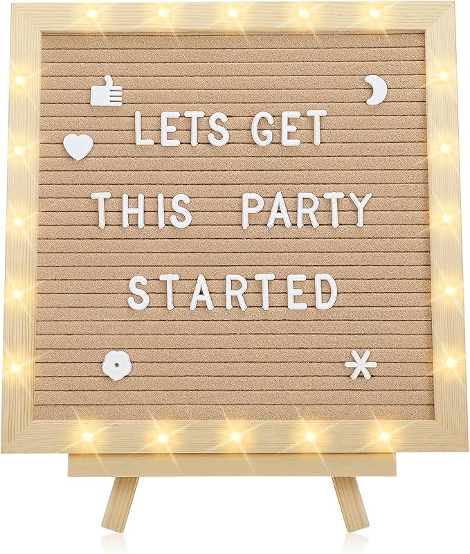 Changeable Felt Letter Board with LED Lights - 10×10" Message Custom Signs & Wood Stand & 450 Letters, Poster Board for Christmas/Pregnancy/Baby Announcement/Classroom Wall Decor Gifts, Camel