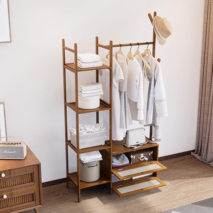 Bamboo Clothes Rack,Garment Rack with Drawers and Shelves,5 Tier Storage Shelves with 6 Hanging Hooks,Wardrobe Closet for Entryway Guestroom Kids Bedroom(31.5inch Width Tawny with Rattan Door)
