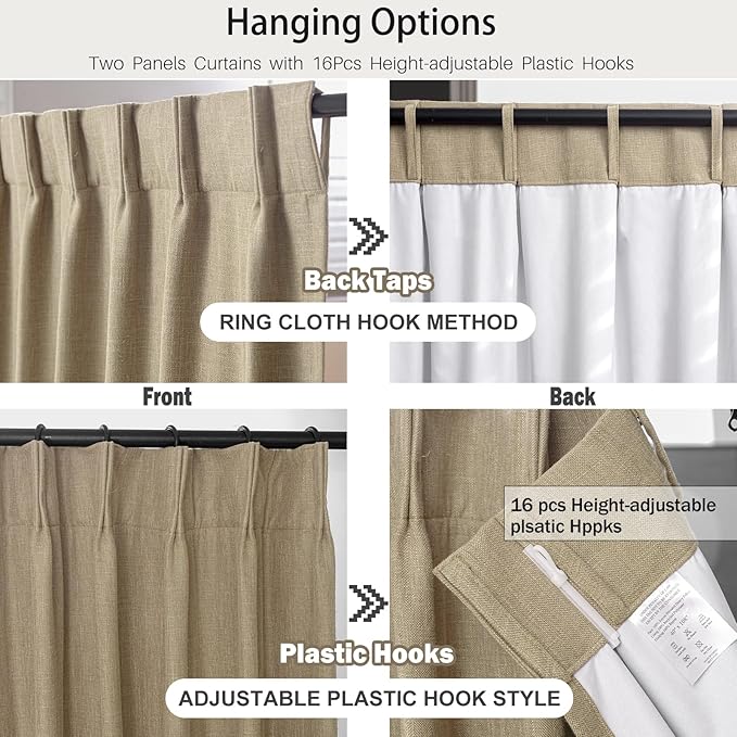 IVAPUPU Sand Pinch Pleated Full Blackout Linen Curtains for Bedroom, Black Out Curtains 95 Inches Long for Living Room Darkening Thermal Insulated Neutral Pleat Drapes with 16 Hooks, 2 Panels