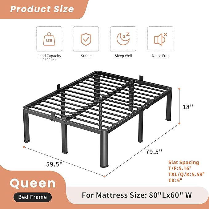 18 Inch Queen Heavy Duty 3500 lbs Bed Frame with Round-Corner Legs & Anti-Squeak Design – Quick Assembly Metal Platform, No Box Spring Needed