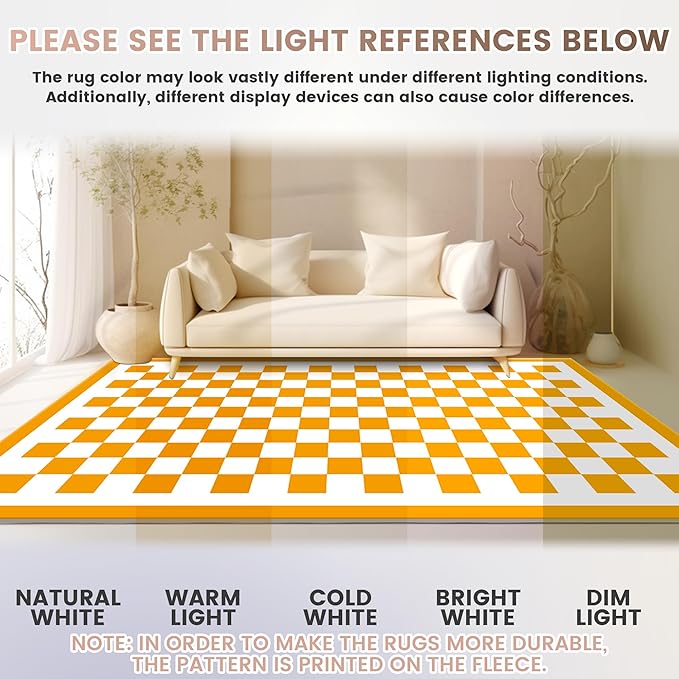 Washable 4x6 Checkered Area Rug for Living Room, Orange Checkerboard Modern Boho Large Rugs, Ultra Thin Low Pile Lightweight Indoor Carpet with Non-Slip Backing for Bedroom Kids Nursery Play Room