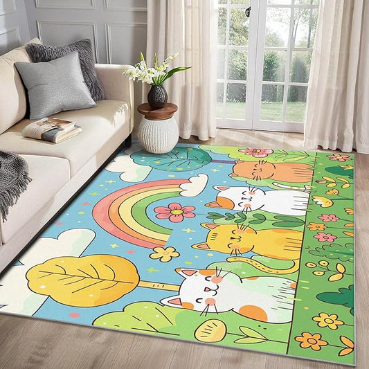 Cat Rug for Bedroom - Cute Kawaii Kitten Area Rug 7x10 - Washable Non Slip Ultra Soft, Cat Lovers Cartoon Rainbow Rugs for Living Room, Kids Baby Nursery Playroom Carpet, Cats Home Decor