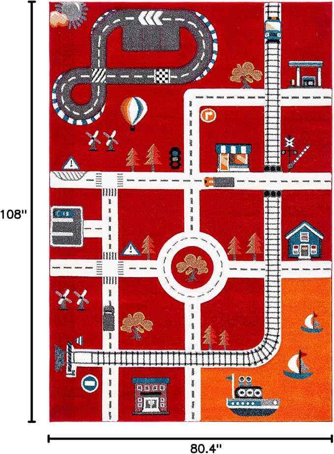 SAFAVIEH Carousel Kids Collection Area Rug - 6'7" x 9', Red & Ivory, Neighborhood Design, Non-Shedding & Easy Care, Ideal for High Traffic Areas for Boys & Girls in Playroom, Bedroom (CRK192Q)