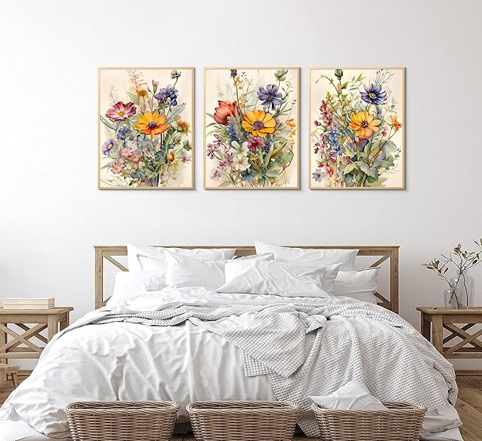 3Pcs Watercolor Wildflower Wall Art Colorful wildflowers Paintings Pictures Watercolor Floral Botanical Canvas Prints Wall Decor Bright floral posters for Living Room Bedroom Home Decoration Unframed