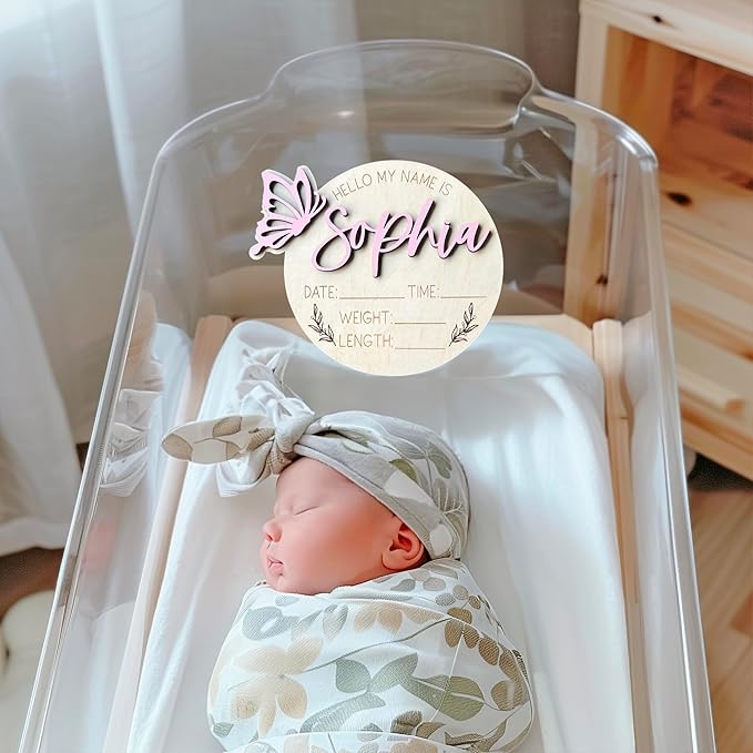 Personalized 3D Butterfly Birth Announcement Sign, Wooden Name sign, Hospital Photo prop Baby Name Reveal (Butterfly Left Hello My Name is)