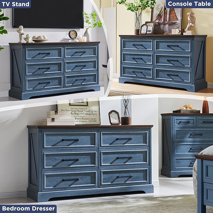ACCOHOHO Farmhouse 6 Drawer Dresser for Bedroom, 52 Inch Wide Modern Dresser TV Stand with Large Drawers & Bar Handles, Rustic Wood Chest of Drawers for Bedroom, Living Room, Hallway, Blue