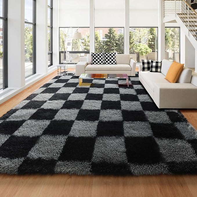 KICMOR Large Rugs for Living Room 7x10 Area Rug, Black and Grey Big Fluffy Shag Shaggy Fuzzy Checkered Bedroom Carpet, Indoor Soft Plush Rug for Kids Boys Girls Dorm Nursery Home Decor Aesthetic