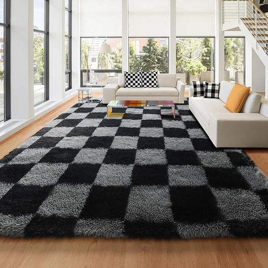 KICMOR Large Rugs for Living Room 7x10 Area Rug, Black and Grey Big Fluffy Shag Shaggy Fuzzy Checkered Bedroom Carpet, Indoor Soft Plush Rug for Kids Boys Girls Dorm Nursery Home Decor Aesthetic