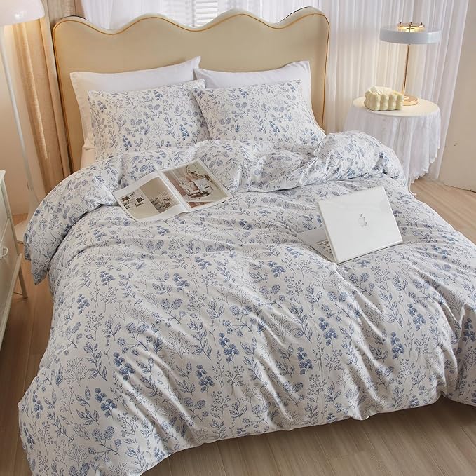 3 Pieces Duvet Cover Twin XL White Duvet Cover with Blue Floral Print,Coquette Bedding Soft Cotton Comforter Cover Boho Style,Aesthetic Twin XL Bedding Set with Zipper Closure 4 Ties,All Season
