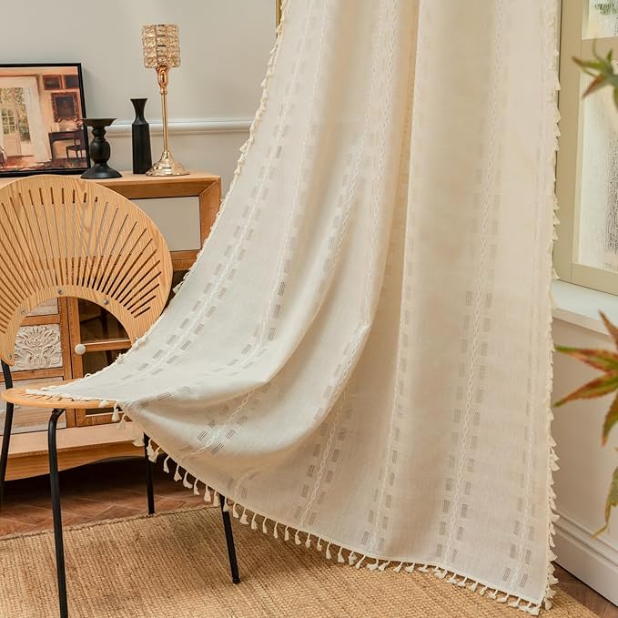 Deeprove Ivory Boho Curtain 96 inches Long for Living Room Bedroom, Vintage Bohemian Semi Blackout Linen 96 inches Length Stripe Embroidery Privacy Window Tassel Decor W52 x L96, 1 Panel