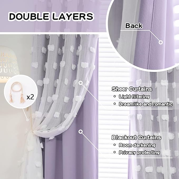 MYSKY HOME Lilac Curtains for Bedroom 72 Inches Long Nursery Curtains Pom Pom White Sheer Curtains for Girls Room Double Layer for Toddler Bedroom Grommet Room Darkening Window Panels 52" x 72"