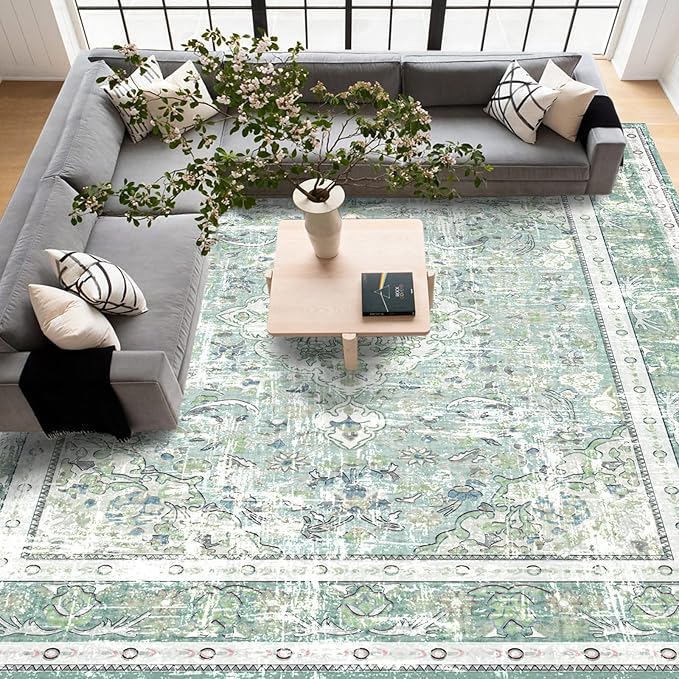 Vhong Boho Area Rugs Vintage Washable Modern Neutral Large Carpet Sage Green 9×12 High Traffic Rugs for Dinning Room Living Room Bedroom Farmhouse Non Slip