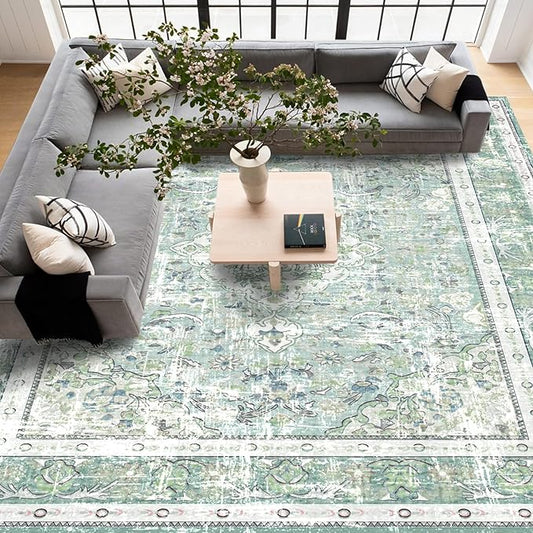 Vhong Boho Area Rugs Vintage Washable Modern Neutral Large Carpet Sage Green 9×12 High Traffic Rugs for Dinning Room Living Room Bedroom Farmhouse Non Slip