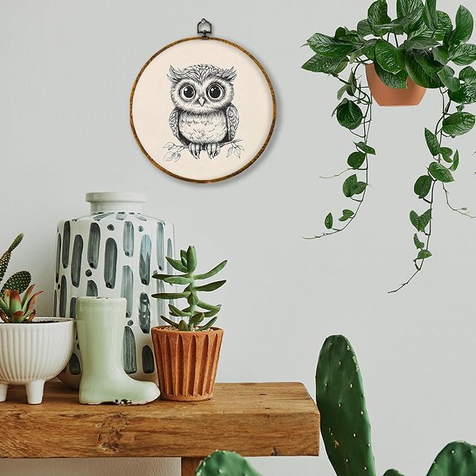 Hiuwevt Vintage Owl Round Wall Art Decor, Cottagecore Neutral Owl Framed Canvas Prints, Retro Rustic Forest Wildlife Round Wall Hanging Decor for Home Nursery Kids Bedroom Decorations, 10x10 Inches