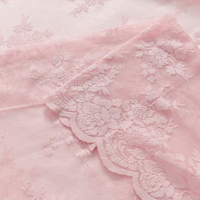 Kotile Pink Lace Curtains 54 Inch Length - Vintage Floral Patterned Sheer Lace Curtains for Girls Room, Scalloped Edge Rod Pocket Privacy Pink Sheer Curtain 2 Panels Set, 52 x 54 Inch