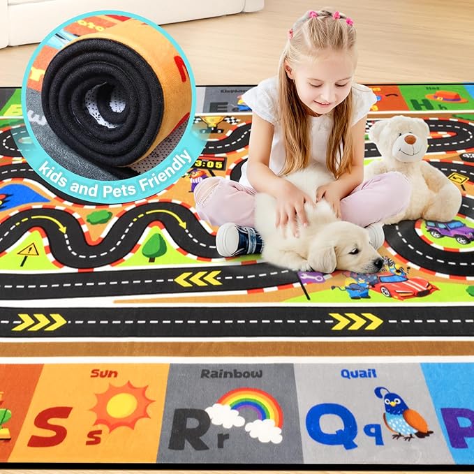 Race Track Car Rug 4x6FT Road Rug for Kids Toy Cars Non-Slip Play Carpet Baby Play Mat for Floor Washable ABC Alphabet Playroom Nursery Preschool Daycare Classroom Carpet