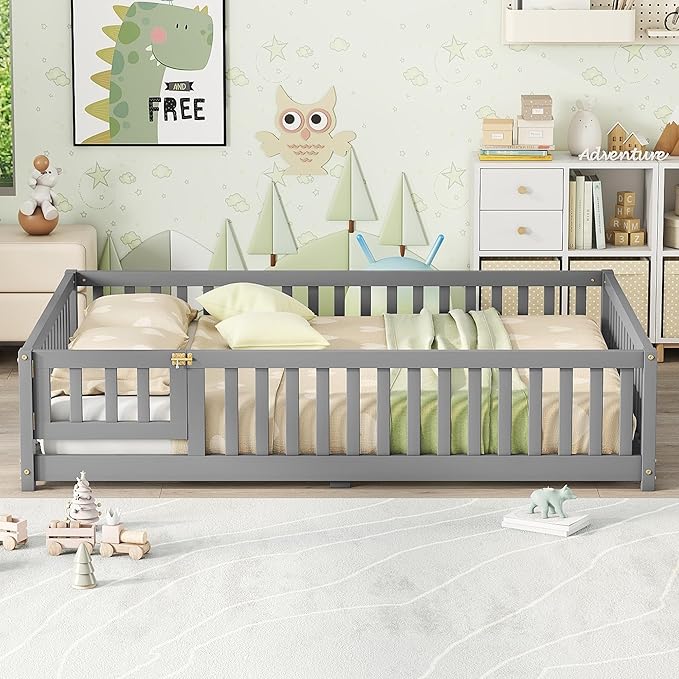 Bellemave Full Size Floor Bed with Slats and Safety Guardrail, Full Size Montessori Floor Bed with Fence and Door, Easy Assemble Montessori Beds for Kids, Girls, Boys, Gray
