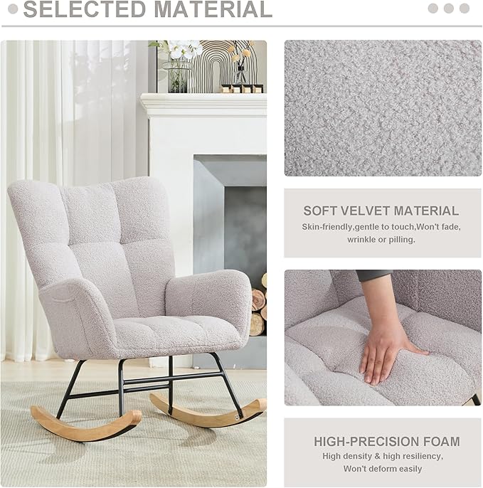 Nursery Rocking Chair Teddy Upholstered Glider Rocker Rocking Accent Chair with High Backrest Armchair Comfy Side Chair for Living Room, Bedroom, Offices (Light Gray)