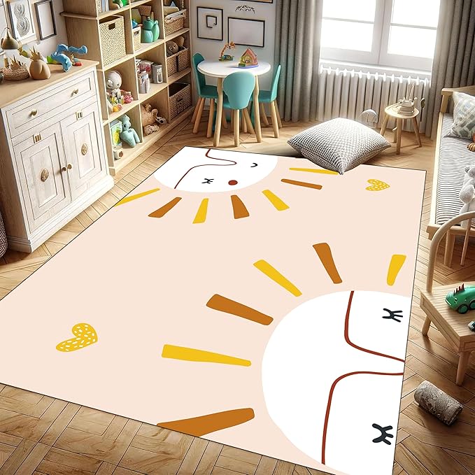 Children's Rug Living Room Plush Area Rugs Educational Rugs Soft Washable Non-Slip Rugs Simple Cute Sun and Love Prints Kids Room Nursery Decor Pink Rugs 5x8ft