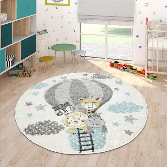 Kids Rug with Cute Animals on a Hot Air Balloon Ride in Pastel, Size: 3'11" Round