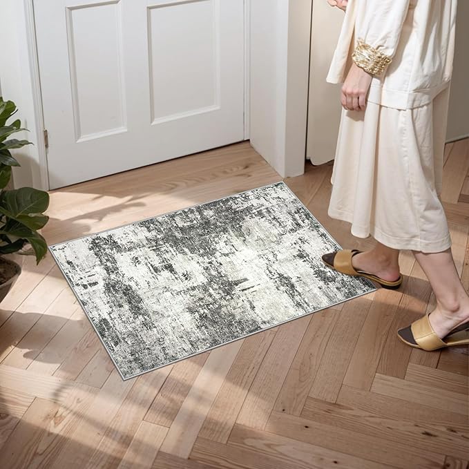 Area Rug 2x3 Washable Rug: Soft Small Entryway Rug with Anti-Slip Backing Non-Shedding Stain-Resistant Abstarct Modern Carpet for Kitchen Bedroom Indoor Front Entrance- Black