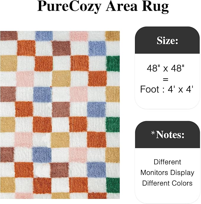 Checkered Rug 4x4 for Living Room, Modern Neutral Shag Rug Super Soft Washable Fluffy Rugs Indoor Fuzzy Carpet for Bedroom Home Dorm Aesthetic Decor