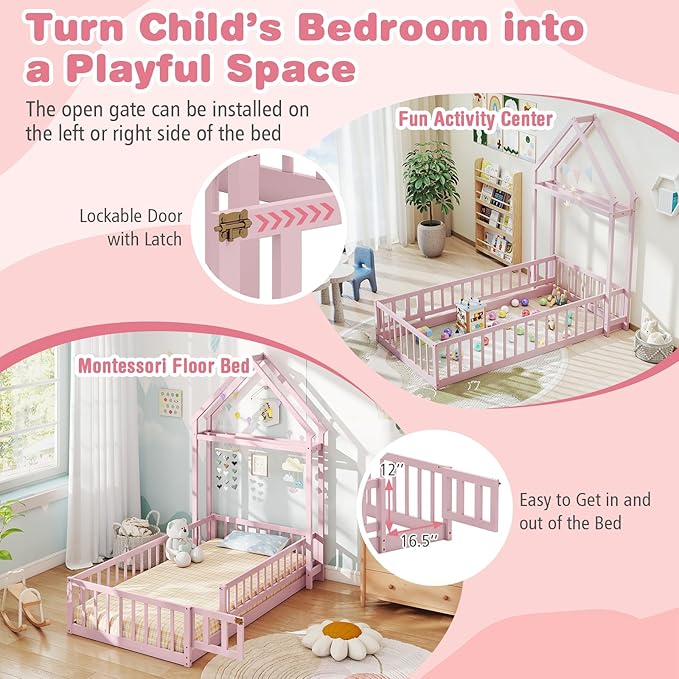 MAT EXPERT Twin Floor Bed with House-Shaped Headboard, Montessori Kids Bed with Detachable Clothes Hanger, Full Length Safety Guardrails, Solid Wood Twin Bed Frames for Kids (Pink)