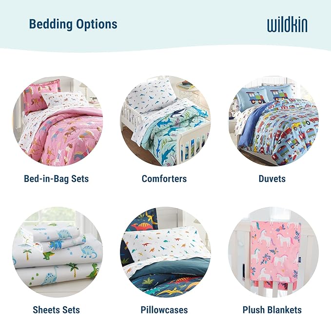 Wildkin 4-Piece Toddler Bed in a Bag – Cotton Comforter, Sheets & Pillowcase for Cozy Cuddles - Dinosaur Land