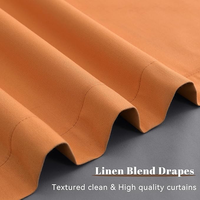Guken Orange Linen 100% Blackout Curtains 84 Inch Long for Living Room 2 Panel Linen Textured Light Blocking Thermal Insulated Soundproof Back Tab Hook Belt Bedroom Dining Room Backdrop 52x84 7Ft