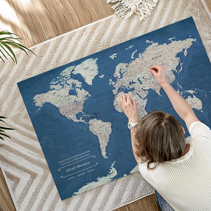 ElephantStock - World Adventures Push Pin Travel Map I Wall Art - Horizontal Canvas Wall Art - Living Room Wall Decor - Printmaking Map Canvas Art - Blue And Beige Decor - 45" x 30"