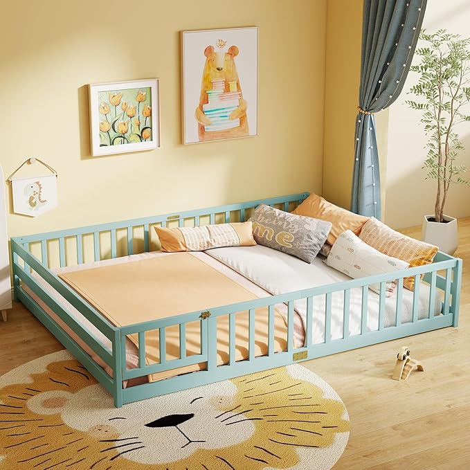 KOMFOTT Queen Size Wood Floor Bed with Door & Fence, Montessori Bed Frame with Full Length Safety Guardrails, Door & Latch, Wooden Montessori Floor Bed for Kids, Girls, Boys (Queen,Green)