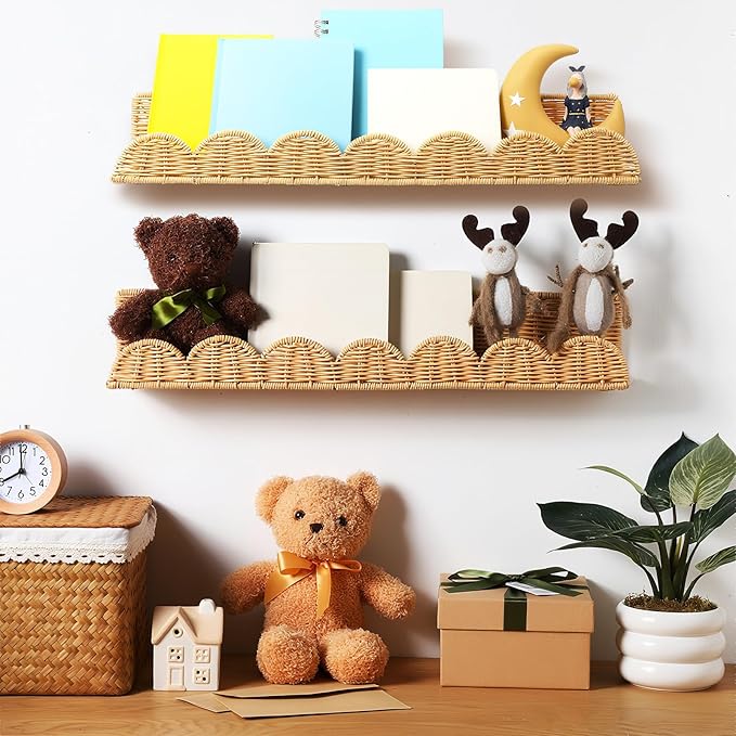 Pinkunn 4 Pcs Nursery Book Shelves 23.6 Inch Rattan Scalloped Floating Bookshelves Wicker Boho Book Shelf for Wall Mounted Decor Nursery Rooms Hanging