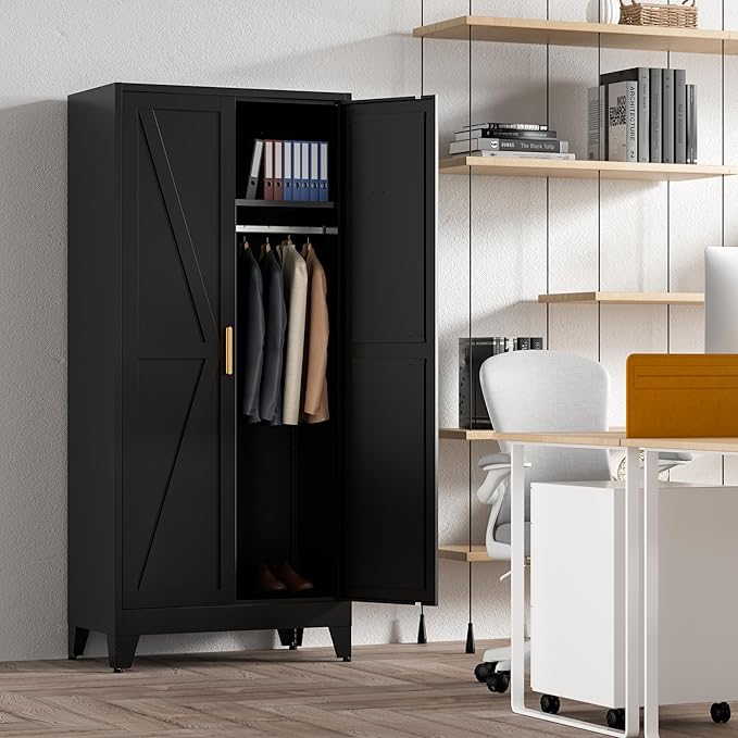 71'' Farmhouse Metal Wardrobe Cabinet with Hanging Rod, 2 Barn Door Wardrobe Closet with 5 Adjustable Shelves,Drawer,for Dining Room,Bedroom,Living Room, Cloak Room,Office (Black)