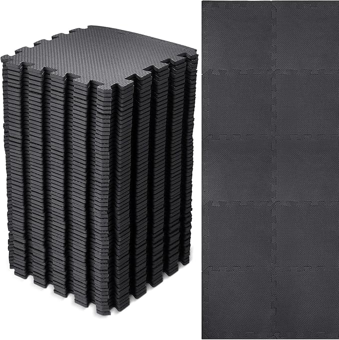 Nuanchu 60 PCS Kids Foam Puzzle Floor Mat Bulk - Solid Color Foam Play Mat with Borders Interlocking Multi Use Floor Rug for Children, 12 Inch(Black)