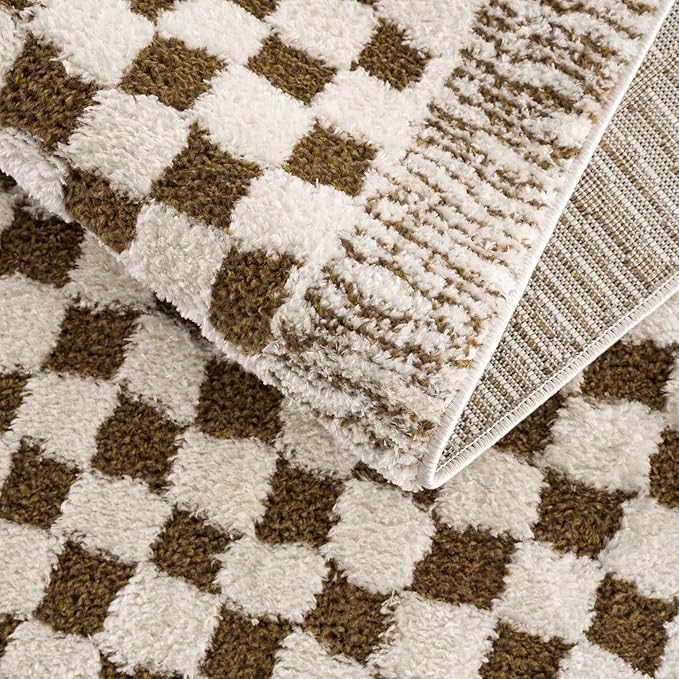 Hauteloom Leryn Living Room, Bedroom Area Rug - Checkered - High Pile - Bone - 5'3" x 7'