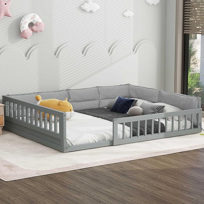 Full Size Upholstered Floor Bed with Guardrail, Montessori Platform Bed Frame for Kids and Toddlers, Wood Slat Support, No Box Spring Needed (Grey+ Solid Wood + MDF + Al)