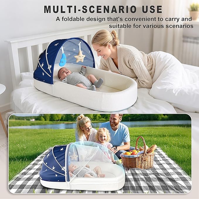 Large Portable Baby Lounger Nest-Travel Bassinet,Canopy & Mosquito Net-Lightweight Foldable Bassinet Lounger Cotton Cover & Supportive Mattress pad Washable Indoor-Outdoor Use,Blue