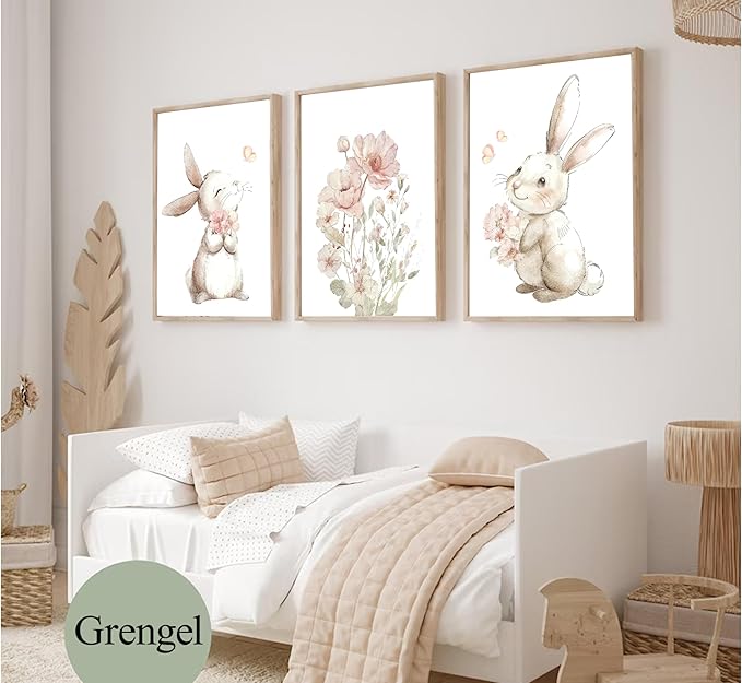 Pink Girl Nursery Bunny Canvas Wall Art Cute Rabbit Wildflowers Painting Pictures Wall Decor Botanical watercolor Flower Poster printing artwork For Baby Boys and Girls Playroom paintings Unframed