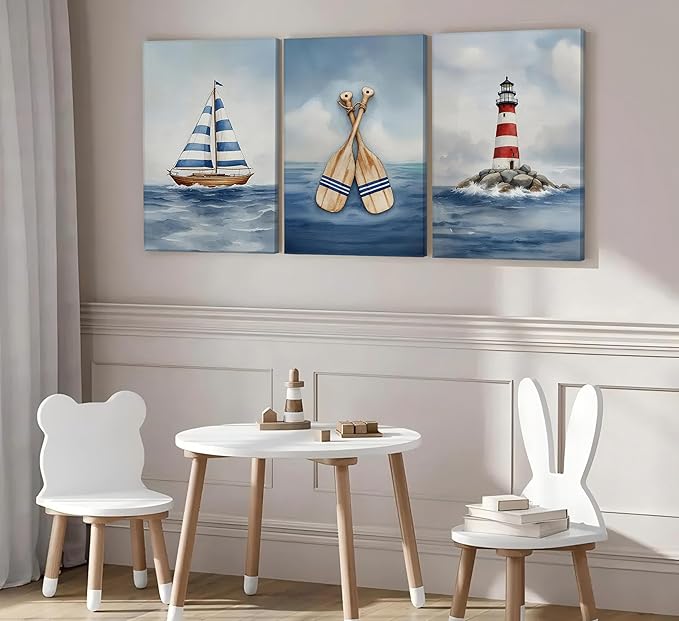 Blue Nautical Nursery Wall Art Vintage Sailboat Lighthouse Pictures Wall Decor Boy Coastal Posters Navy Sea Ocean Canvas Print Artwork for Kids Boys Room Playroom Bedroom Decor, Framed