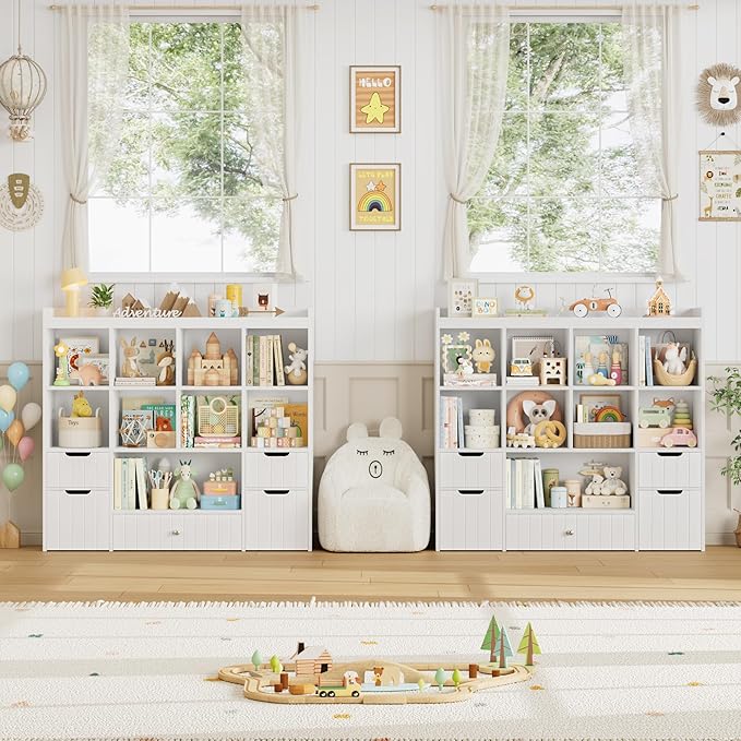 HITHOS 48" W Toy Storage Organizer, Large Kids Bookshelf with Rolling Toy Chest, Toy Organizer with Storage Bins, Book Shelf for Kids Room, Playroom Toy Box with 9 Open Cubbies for Boys/Girls, White