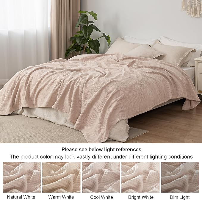PHF 100% Cotton Muslin Throw Blanket 50" x 60", 4-Layer Lightweight Gauze Throw, Breathable Cloud-Soft Minimalist Blanket for Bed, Couch, Camping & Baby, Dusty Pink, Ideal Gift
