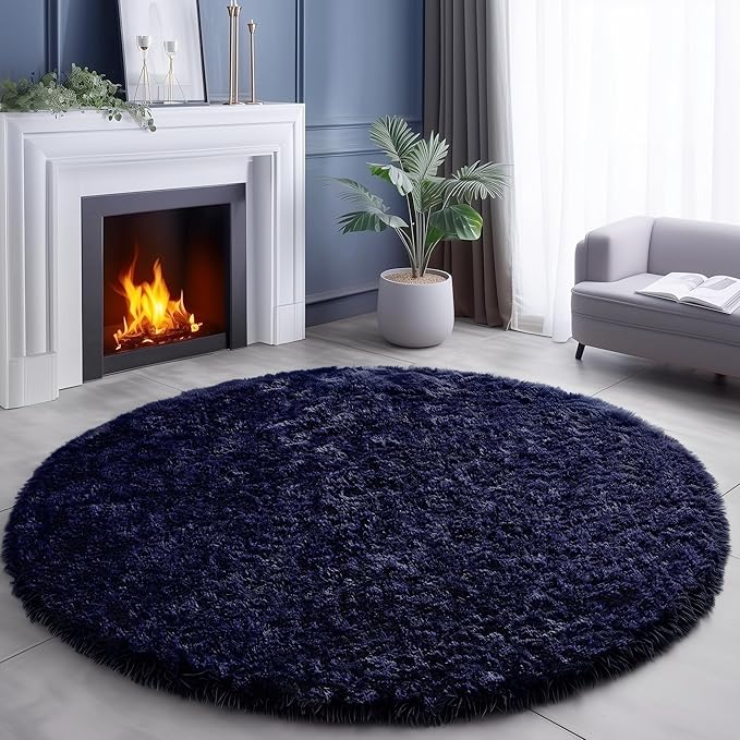 Dark Navy Round Rugs 5Ft for Teen Boys Bedroom, Washable Fluffy Shag Fuzzy Plush Circle Area Rug for Kids Room, Living Room Decor Aesthetic, Indigo Furry Cool Dark Blue Carpet for Dorm Baby Nursery