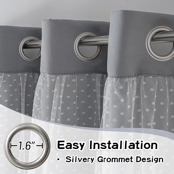 MYSKY HOME 70% Blackout Curtains for Girls Bedroom & Nursery Kids Grey Cute Curtains 63 inch Long Double Layer with Polka Dots Sheer, Grommet Tops, 52" Wide Each Panel, 2 Panels