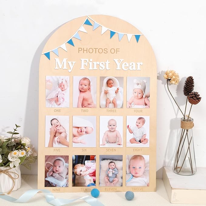 Photos of My First Year Wood Board - Newborn 1 to 12 Months Photo Display,1st Birthday Growth Photos Record Sign,Monthly Milestone Photo Board,Rustic Keepsake Nursery Decorations