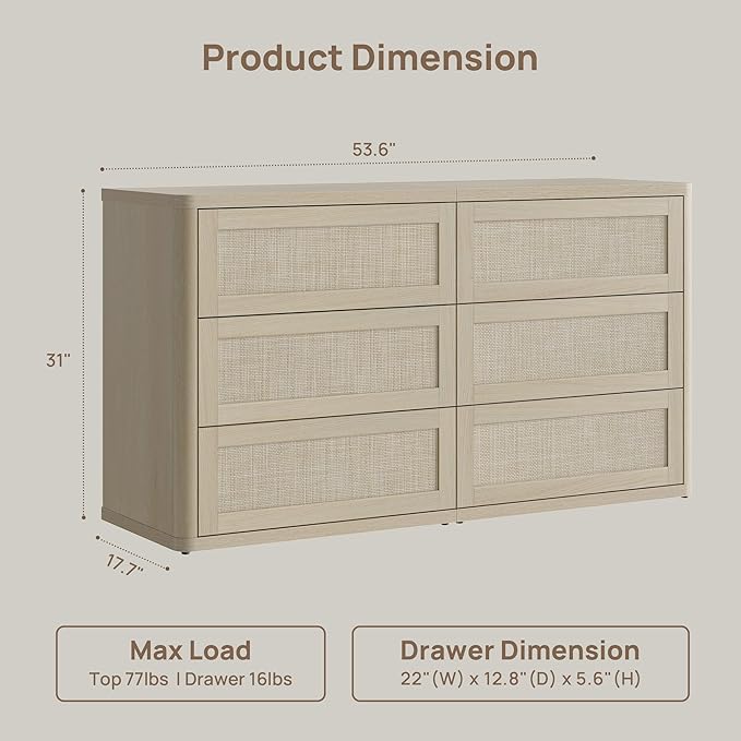 SICOTAS Dresser for Bedroom - 6 Drawer Dresser for Nursery 54" Wide Rattan Dressers & Chests of Drawers Boho Drawers for Bedroom Living Room Clothes Large Closet Storage for Closet Hallway Entryway