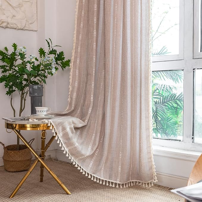 Deeprove Boho Curtains 84 Inches Long for Bedroom, Taupe Cotton Linen White Stripes Embroidery Chic Hollow Geometric, Semi Blackout Window Vintage Drape Tassels, 1 Panel W52 x L84
